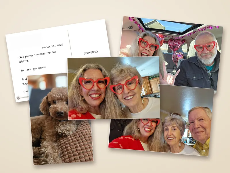 A fan of photo postcards: a Valentine road trip, matching red heart glasses, a curly dog and a message on the back