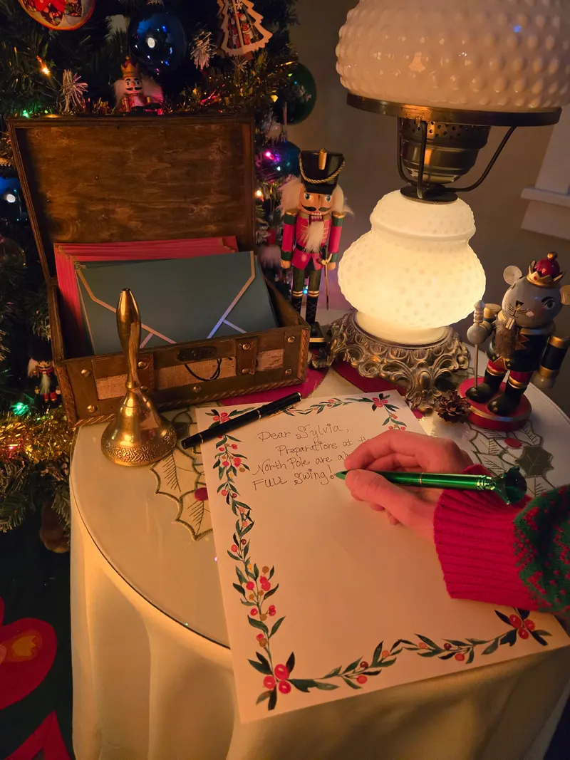 A letter being handwritten on berry-bordered paper beside a glowing lamp