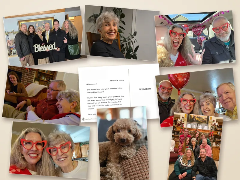 A year of photo postcards scattered on linen: family gatherings, holidays, a grandmother smiling and a curly dog